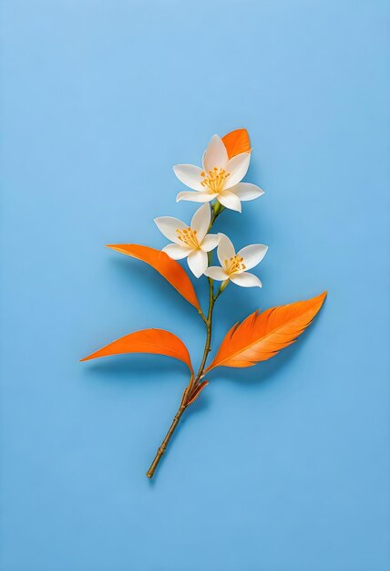 青い背景のオレンジ色の白い花