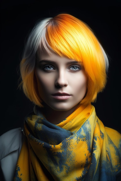 Orange and white hair with a yellow scarf