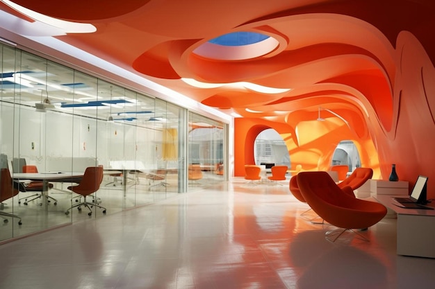 Photo the orange and white interior of the office is designed by architect.