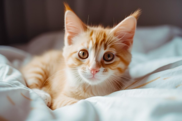 Оранжево-белый котенок лежит поверх белого одеяла на кровати Генеративный ИИ