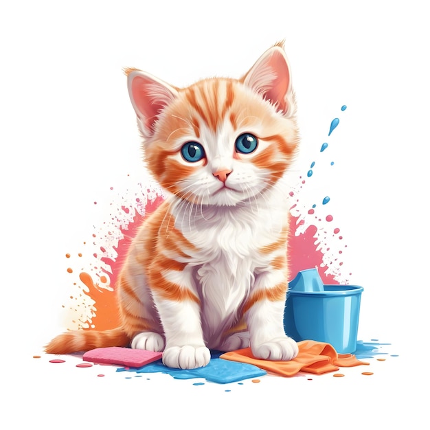 청소 용품 을 가진 오렌지색 과 색 새끼 고양이