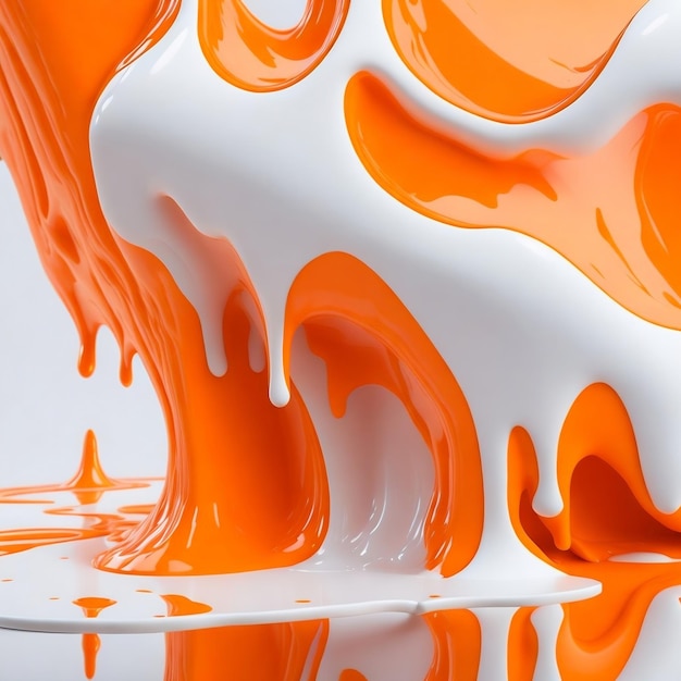 Orange and white paint is dripping down a spoon.