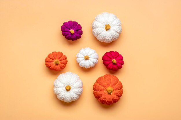 Orange white pumpkin and maple leaves isolated on beige background Top view Flat lay