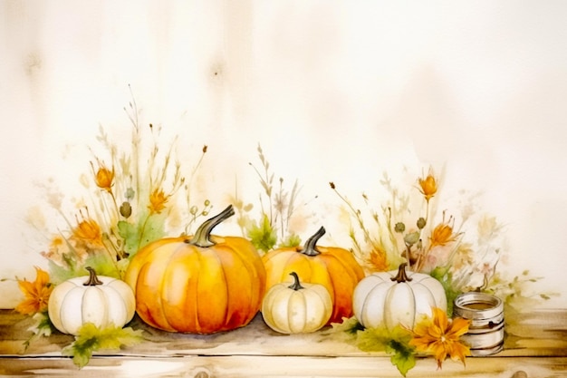 orange and white pumpkins on a wooden table Copy the location for your text Watercolor technique