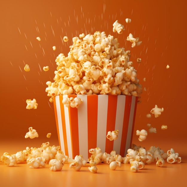 An orange and white striped bucket of popcorn is being thrown into the air