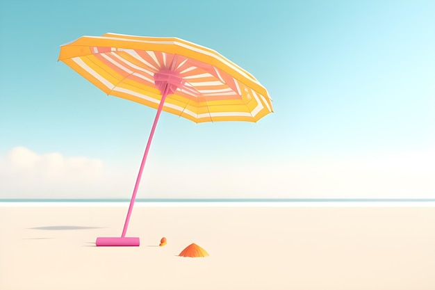 An orange and white umbrella on a beach with a blue sky in the background