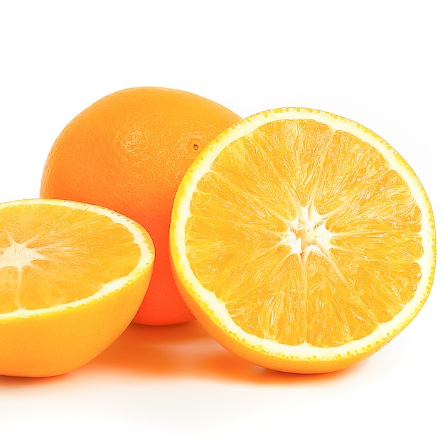 Orange whole and two halves on a white .