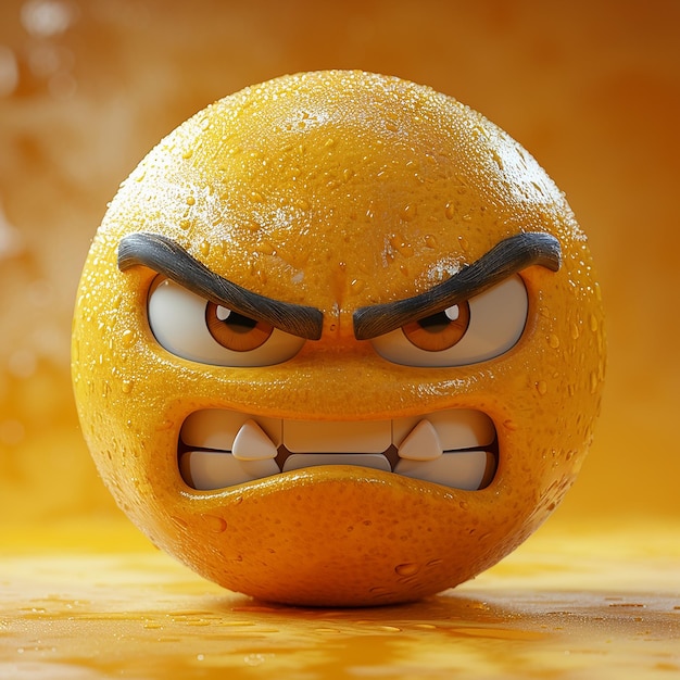 an orange with an angry expression on its face