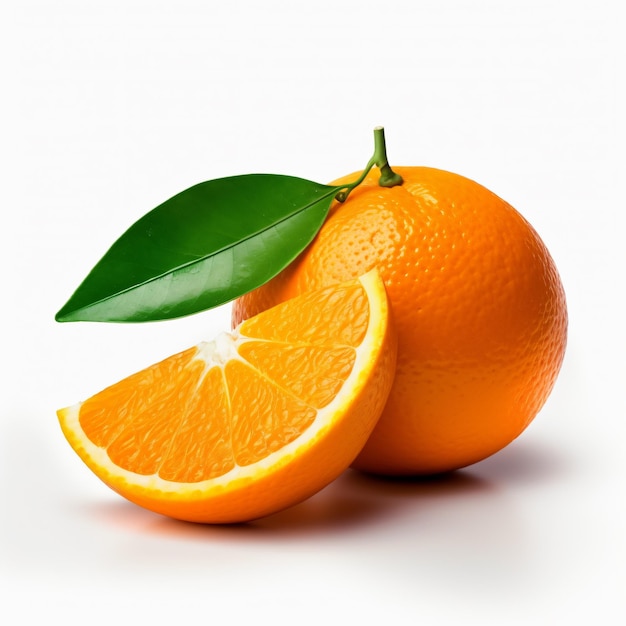 Orange with cut in half and green leaves on white background ai generated