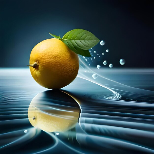 An orange with a green leaf on it is being sprayed with water.