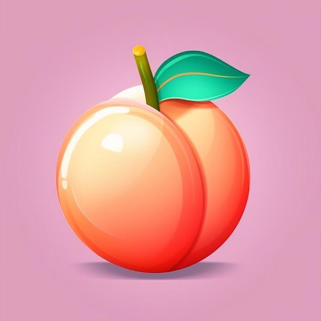 an orange with a green leaf on it and a pink background.