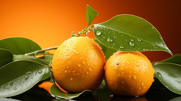 A orange with a green leaf on orange background