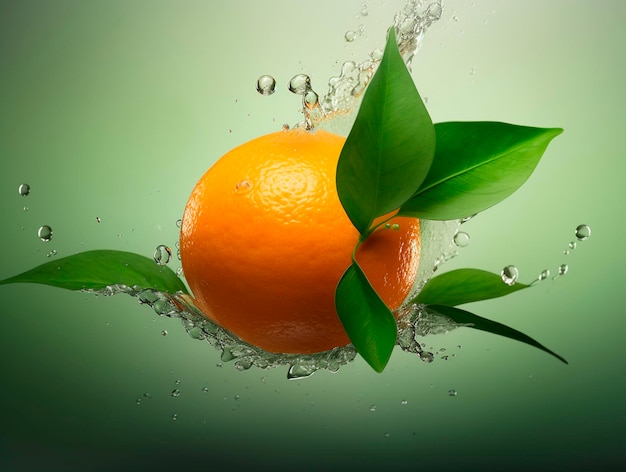 An orange with green leaves and a green background that says " orange ".