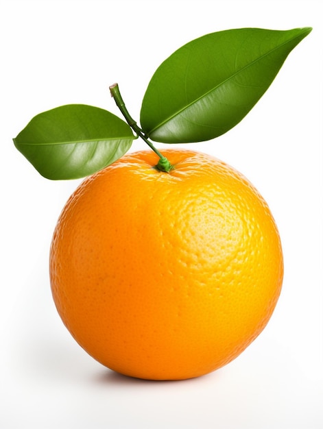 an orange with green leaves and a leaf