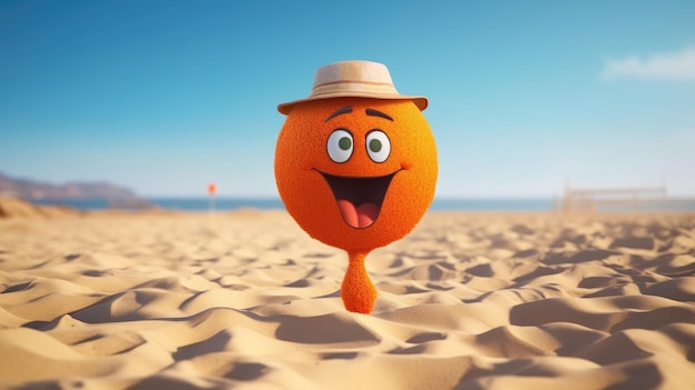 Photo an orange with a hat and a hat walks on a beach.