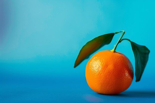 Orange With Leaf on Blue Background