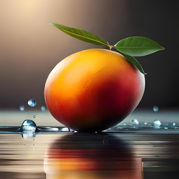 An orange with a leaf on it sits on a table with water drops.
