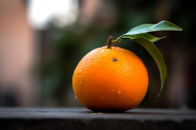 An orange with a leaf on it