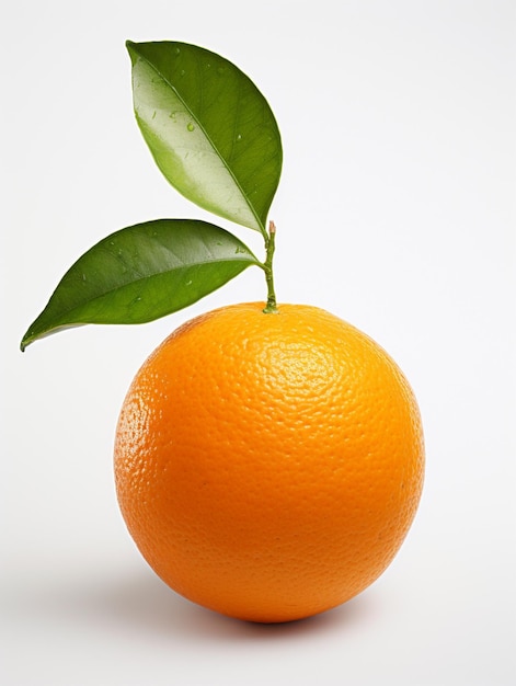 an orange with a leaf that is on top of it