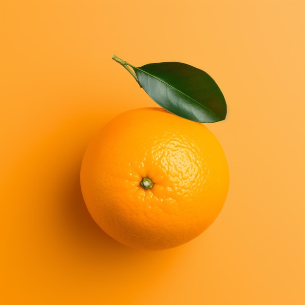 an orange with a leaf on top of it on an orange background