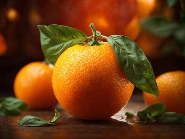апельсин с листьями и листьями на деревянном столе.