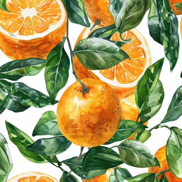 an orange with leaves and oranges on a white background