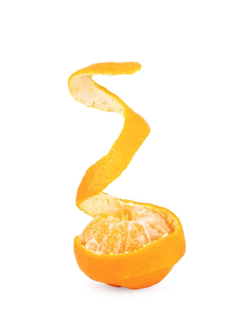 Orange with peeled spiral skin on a white background