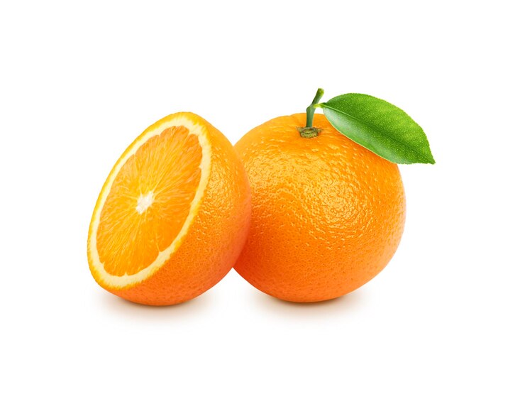 Photo orange with sliced and green leaves isolated on white background