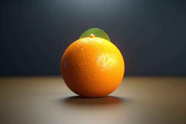 An orange with water droplets on it is on a table.