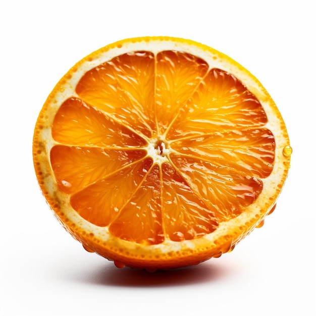 An orange with a white background and a drop of water on it.