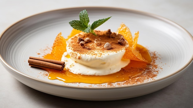 Photo orange with white yogurt and cinnamon