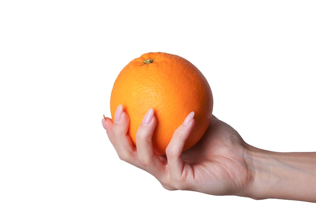 Orange In A Womans Hand On A White Background