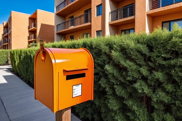 Orange wooden Mailbox in an house residential building outside Modern numbered mailboxes box outdoor