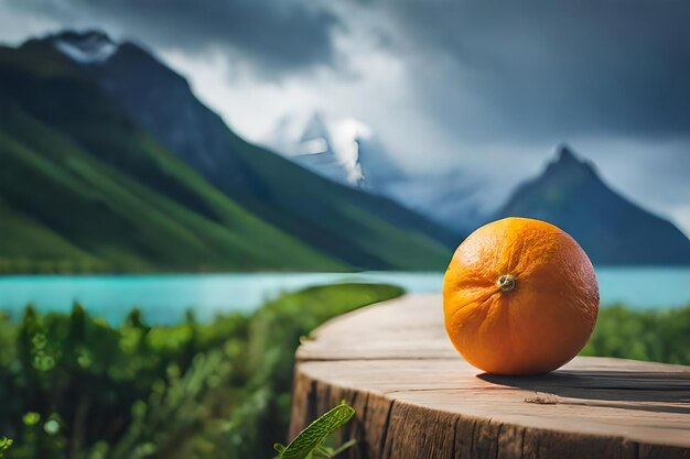 Orange on a wooden table with a lake in the background