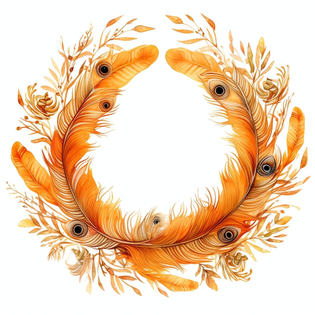 orange wreath made of peacocks feathers