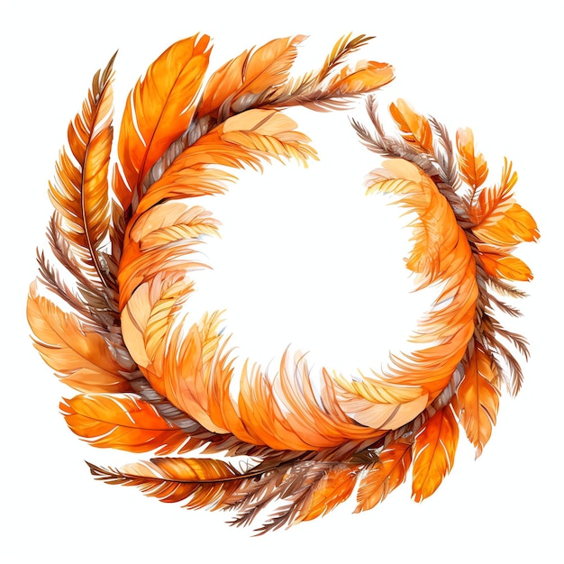 orange wreath made of peacocks feathers