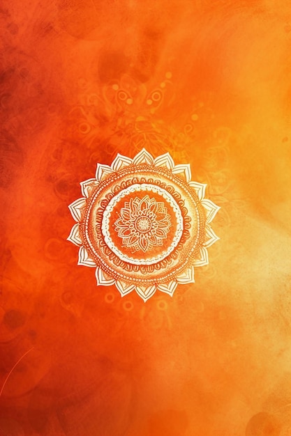 Orange and yellow background with a sun design and a pattern of mandalas.