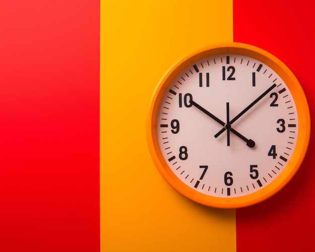 an orange and yellow clock on a red and yellow wall