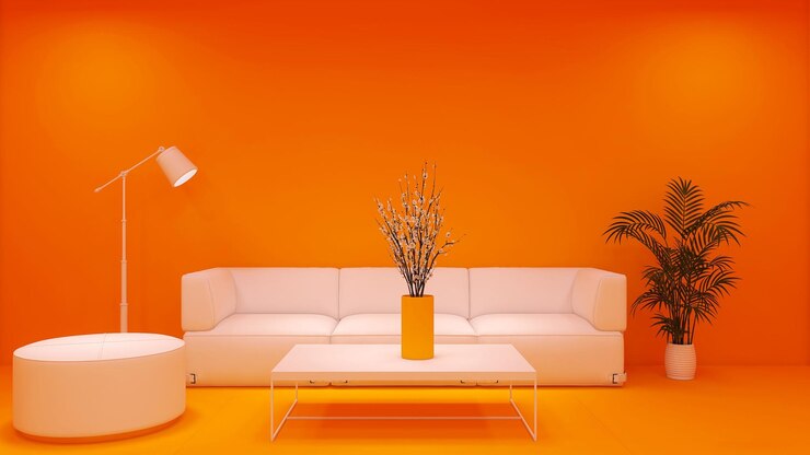Orange and yellow color background with white sofa living room interior design 3D rendering