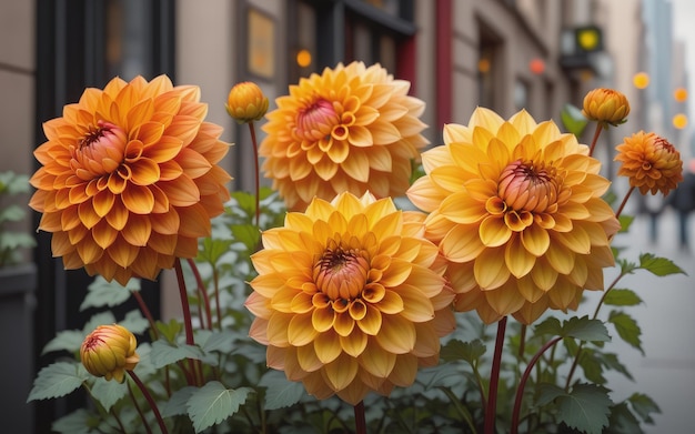 Orange and yellow dahlias flowers on a blurred background