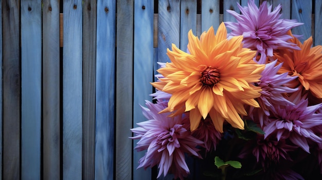 an orange and yellow flower in the yard by a wooden fence