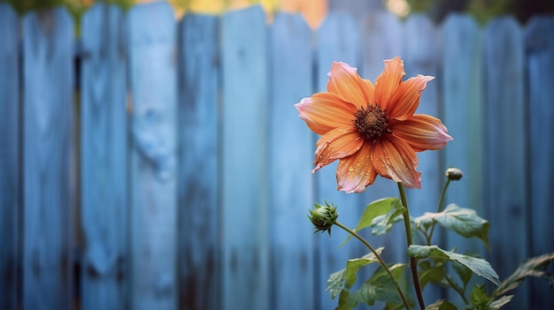 an orange and yellow flower in the yard by a wooden fence