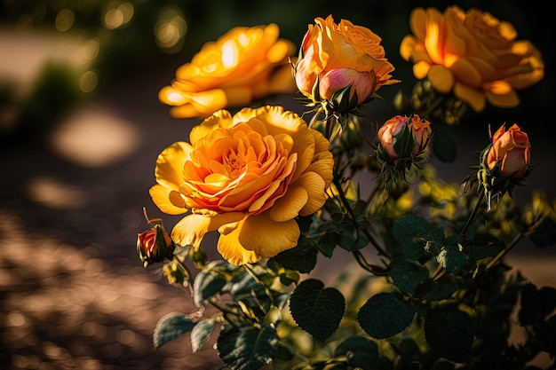 Orange and yellow flowers with soft shadows are in focus in this photograph