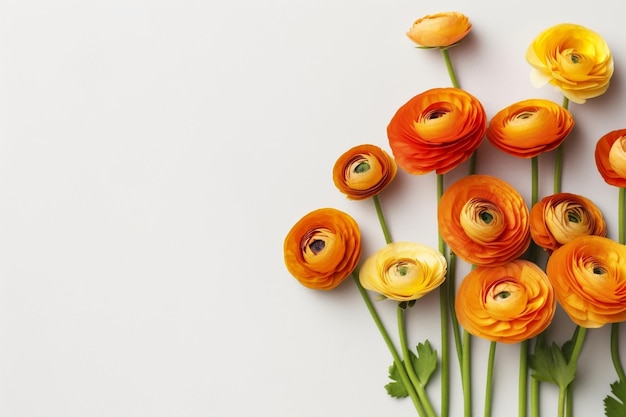 Orange and yellow persian buttercup flowers ranunculus in gray vintage can copy spac Generative AI