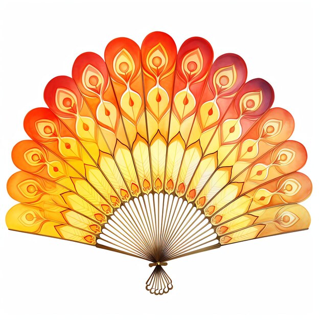 Orange yellow red ombre hand fan made of peacocks feathers