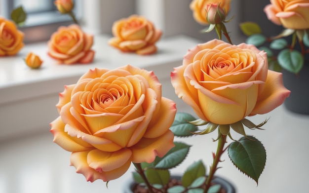 Orange and yellow rose flowers on a blurred background