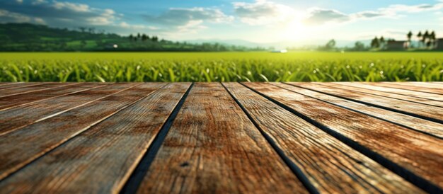 Photo orange yellow sunlight and clean blue sky visible from the old wooden floor next to green rice fields