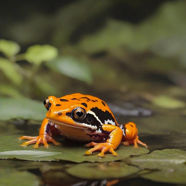 Photo an orangeblack white frog sits on top of the leaf generated by ai