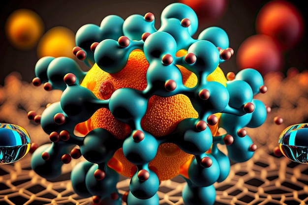 Orangegreen model depicting chemical structure of molecule closeup