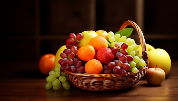 Oranges apples grapes in woven basket readytoeat